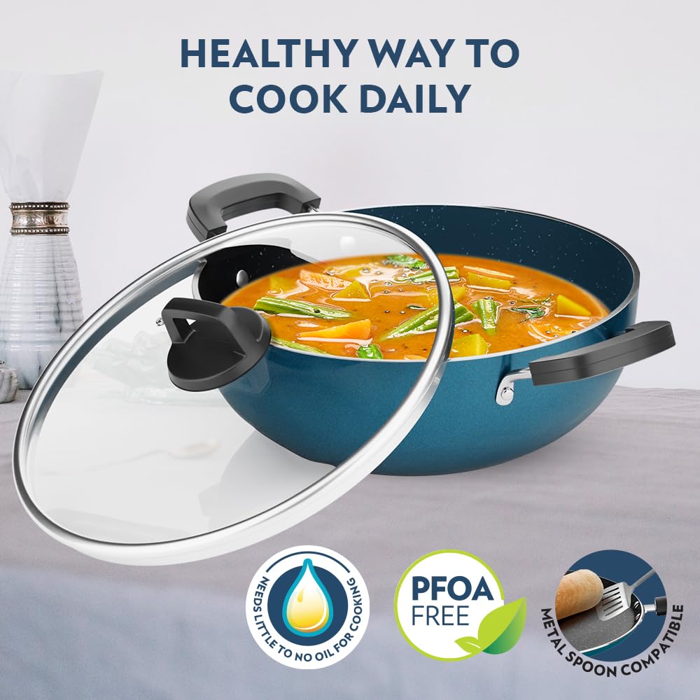 Borosil Prochef Non-stick Aluminum Kadhai With Lid 22 Cm | Gas Stove Compatible, Thick Uniform Body for Even Heating, Dishwasher Safe | 5 Layer Nonstick Coating