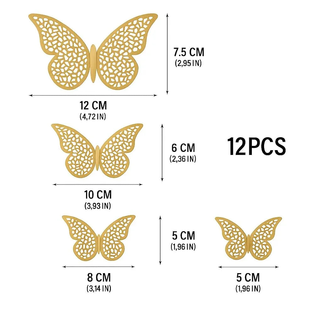 Xtore 12pcs 3D Home Decor Butterfly with Sticking Pad Golden