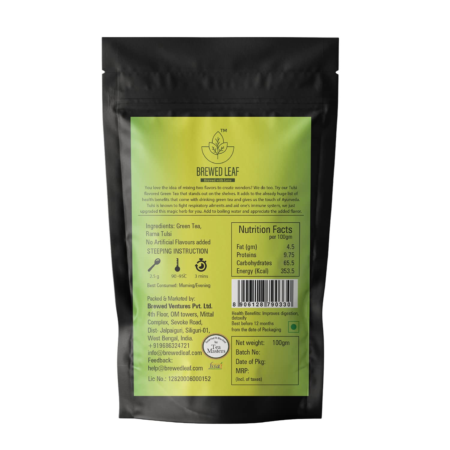 Brewed Leaf Natural and Fresh Tulsi Green Tea - 100 gms