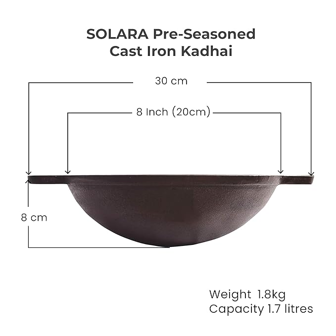 Solara Pre Seasoned Cast Iron Kadhai | 20 Cm | 1.8 Kg | Naturally Nonstick Cast Iron Kadai With Flat Handles | 1.7 Litres