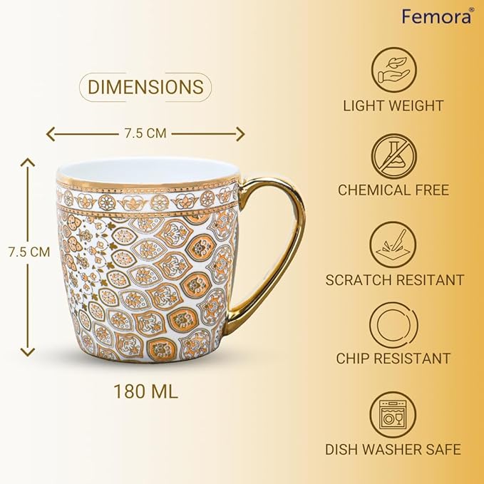 Femora Premium Ceramic Floral Medallion Coffee & Tea Cup Set of 6 - 800 gms