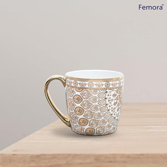 Femora Premium Ceramic Floral Medallion Coffee & Tea Cup Set of 6 | 160 Ml | Golden