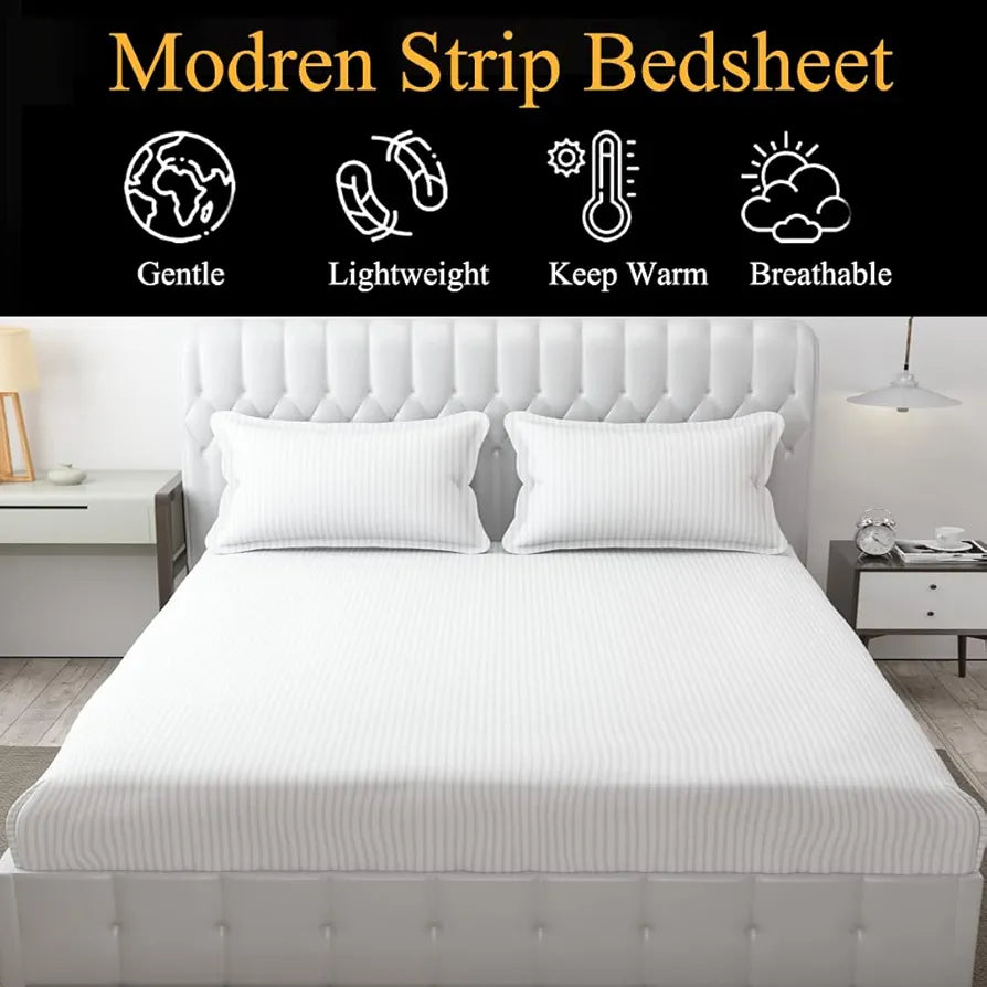 Fresh From Loom 300 TC Soft Skin Safe Breathable Queen Size Flat Striped Bedsheets Double Bedsheet Set with 2 Pillow Covers White