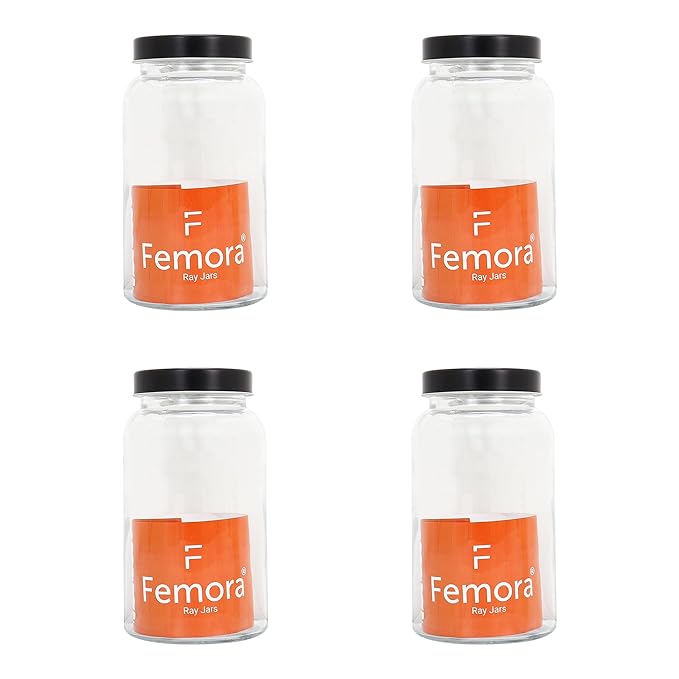 Femora Kitchen Storage Jars Clear Glass Jar With Steel Lid Air Tight Jar | 1000 Ml | Pack of 4 | Black Lid