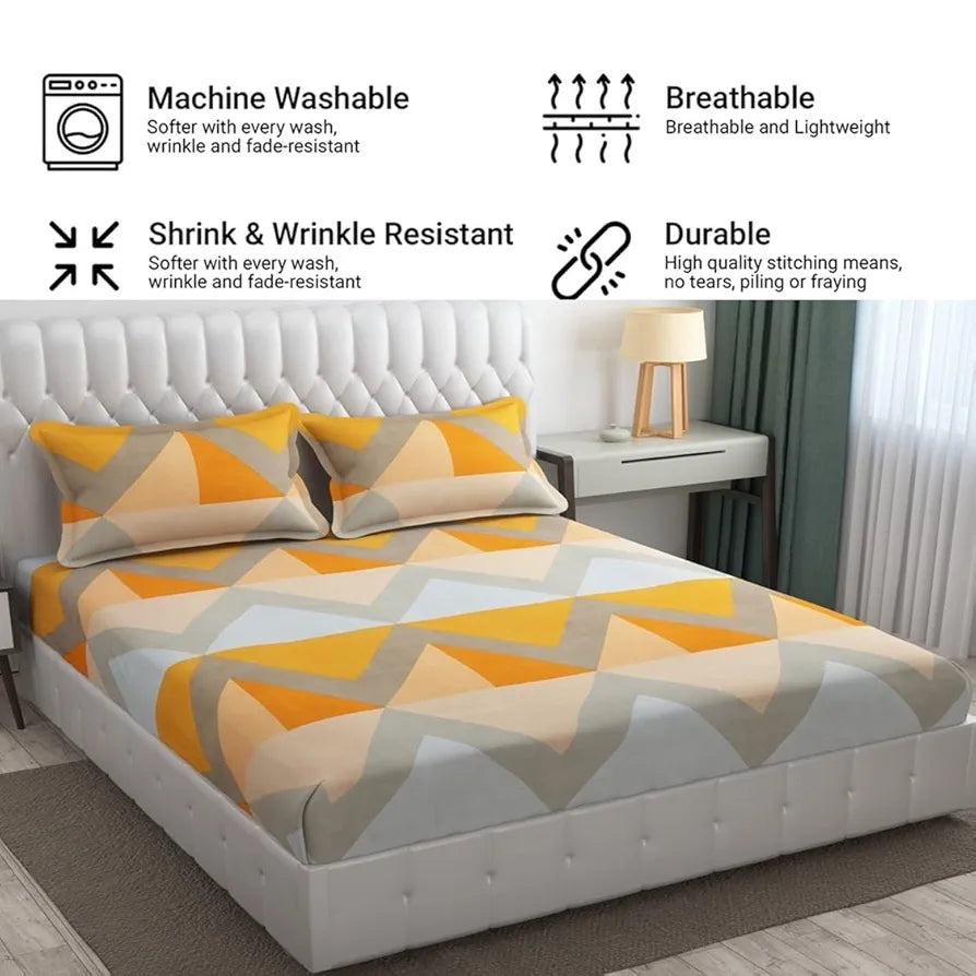 Fresh From Loom Single Bed Floral Design Microfiber Single Bedsheet Wrinkle Free 1 Pillow Covers Included 144 TC Chevron Orange