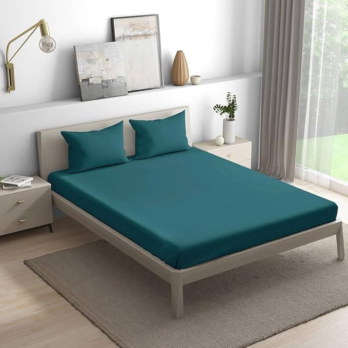 Wakefit Bedsheet for King Size Bedsheet King Size Bed Cotton 2 Pillow Covers Elastic Fitted Sheet Peacock Blue Colour