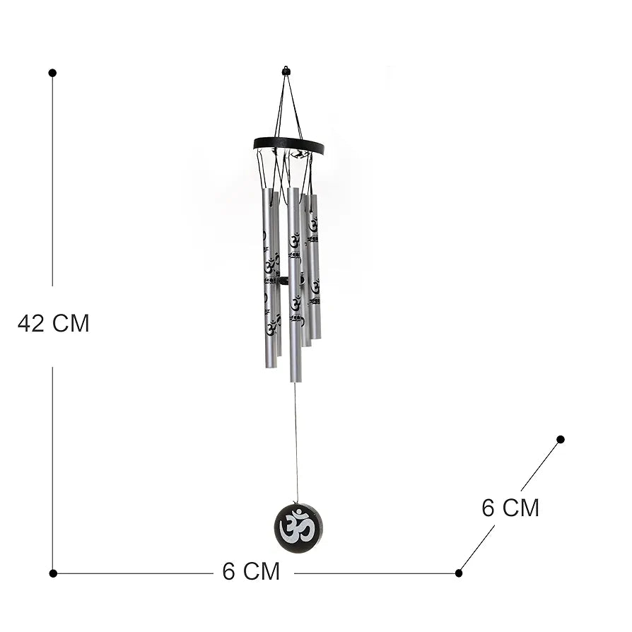 Tej Gifts Feng Shui Metal Wind Chime with Om Printed 5 Pipes for Positive Energy Silver Small