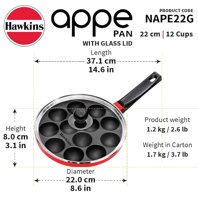 Hawkins Nonstick Appe Pan with Glass Lid, 12 Cups, Diameter 22 cm, Black Cast Aluminium, Red