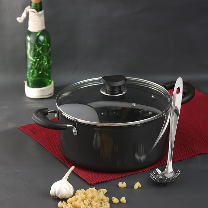 Vinod Black Pearl Hard Anodised Saucepot with Glass Lid 5 Litre, 24cm | 3.25mm Thick | Metal Spoon Friendly | Riveted Sturdy Handles