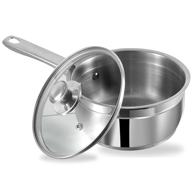 Vinod Two Tone Stainless Steel Saucepan With Glass Lid 1.5 Litres | 16 Cm | 6.2mm Thick