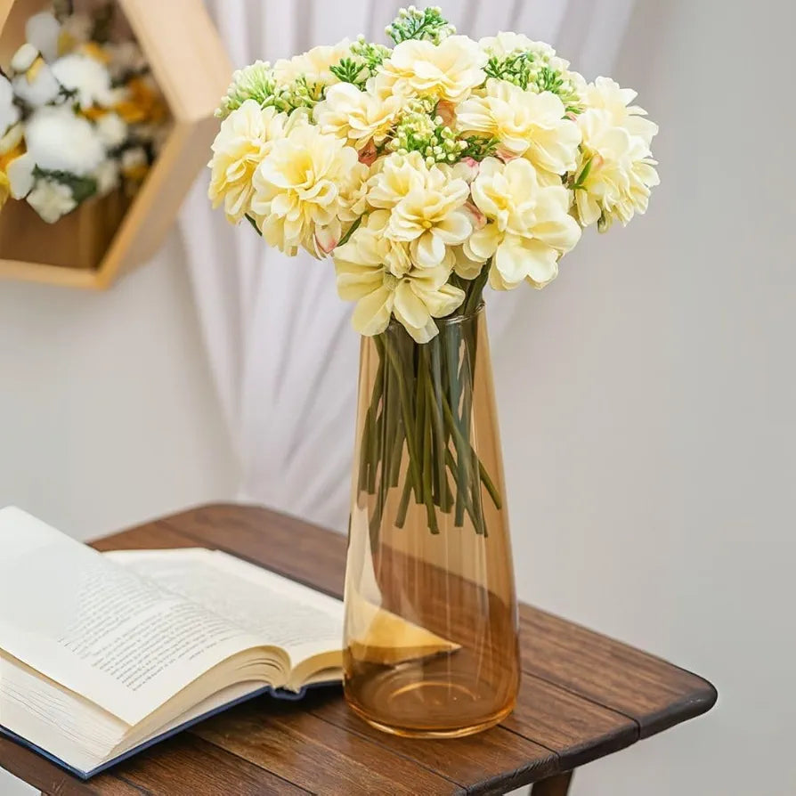 Artificial Dahlia Flower Bunch – 7-Stem Faux Bouquet Realistic Fabric Flower Arrangement Off White