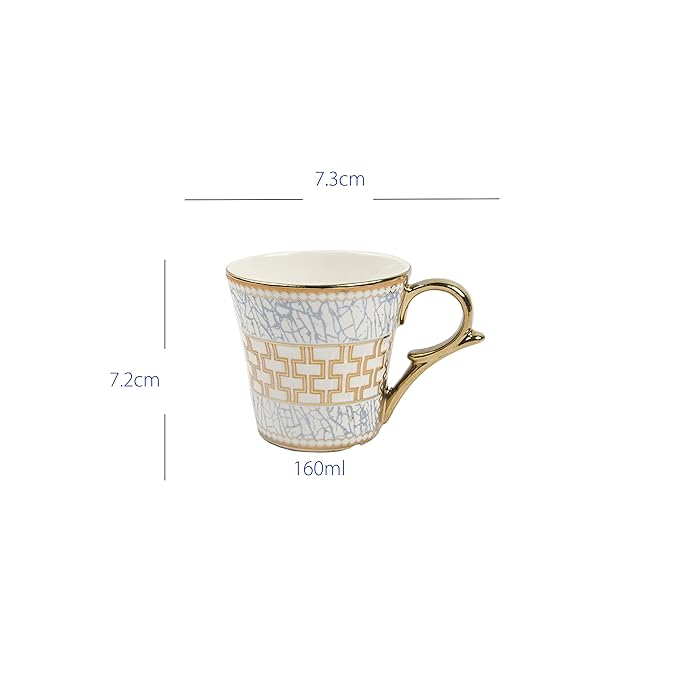 Femora Blue Craze Pattern on Golden Mugs, Ceramic Tea Cups, Coffee Mugs | 160 Ml | Golden | 6 Pcs Set | Not Microwave Safe