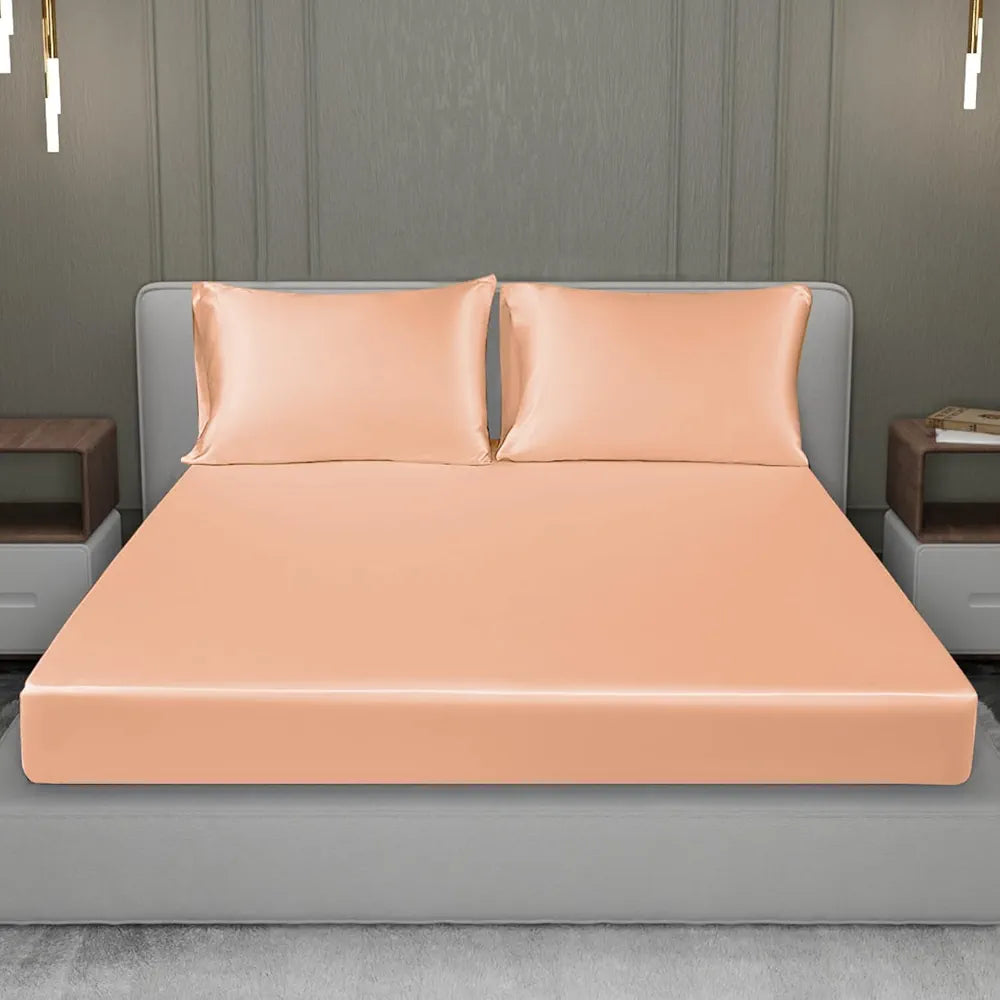 Cloth Fusion Satin Elastic Fitted Bedsheets Double Bed Luxury Queen Size Bed Sheet with 2 Pillow Covers Peach