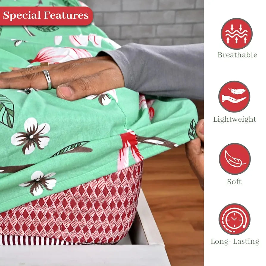 Divine Casa Floret 100% Cotton King Fitted Bedsheet 144 TC Deep Pocket Design Soft & Breathable Fabric Colour Blossom Haven Mint