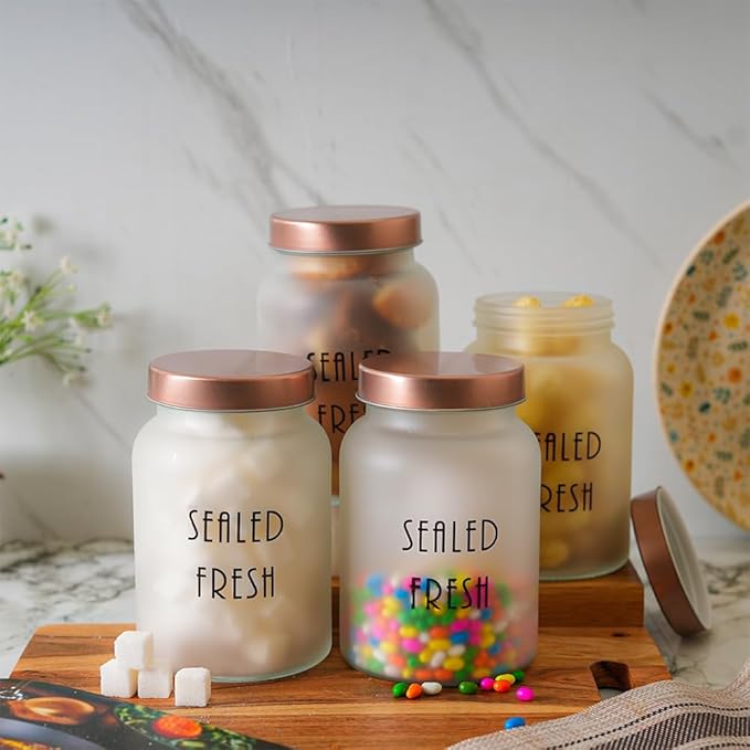 Femora Kitchen Storage Jars Frosted Glass Jar With Steel Lid Air Tight Jar | 1000 Ml | Pack of 6 | Golden Lid