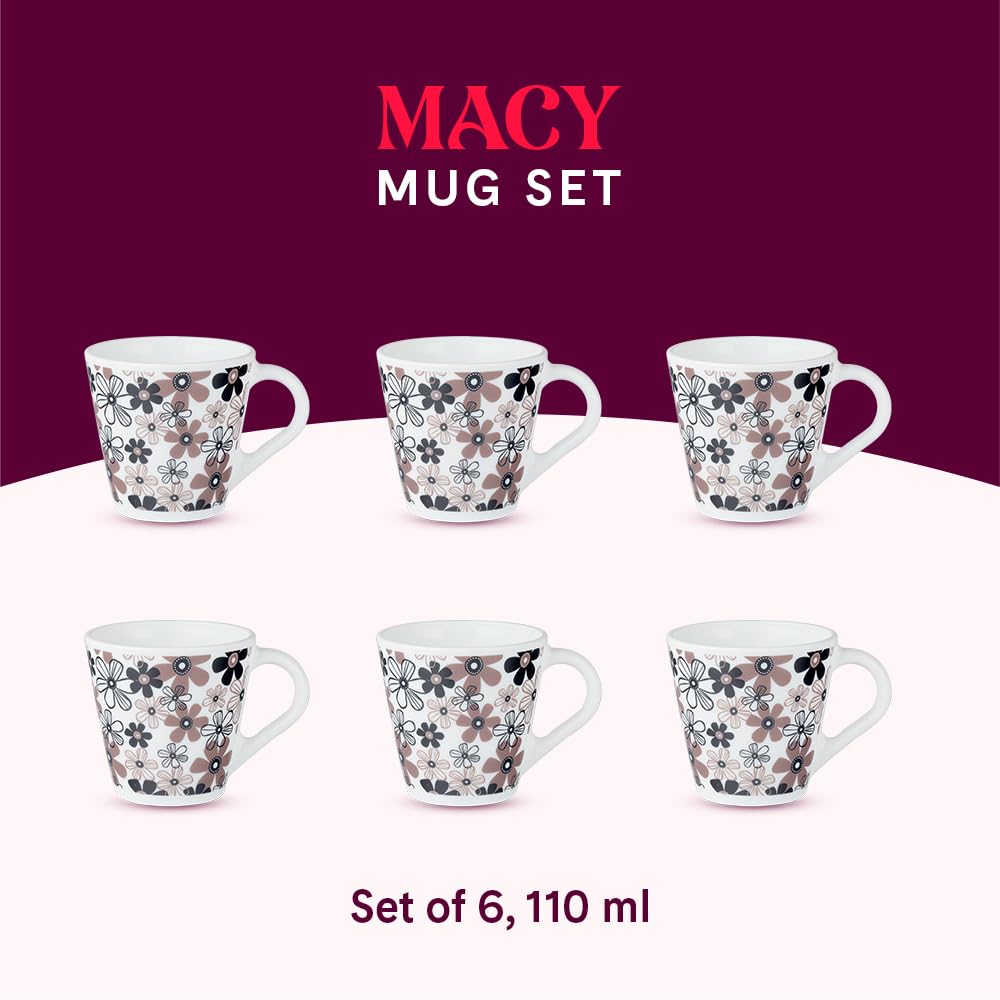 Larah by Borosil Novelty Series Macy Opalware Mug | Set of 6 Tea/coffee Mugs | 110 Ml Each