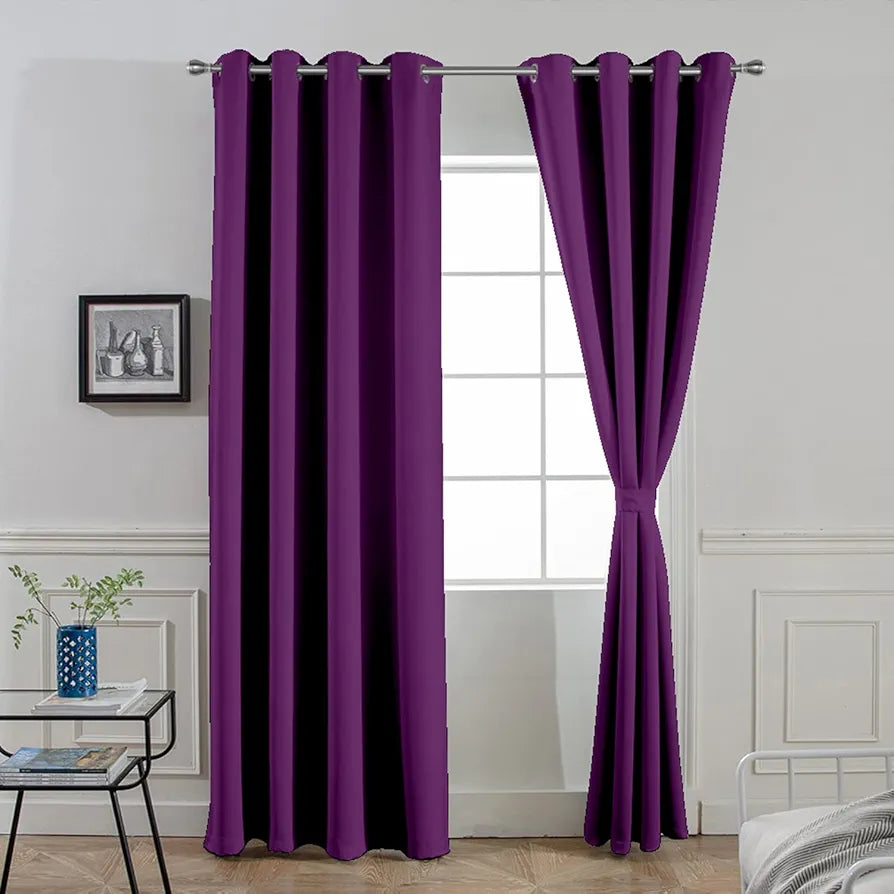 Divine Casa Super Satin Blackout Door Curtains Solid Panels for Complete Light Block Size 7 Feet Colour Deep Purple (Pack of 2)