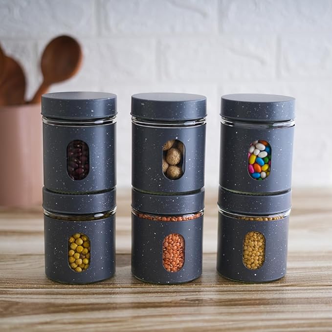 Femora Carbon Steel Jar for Kitchen Storage With Clear Glass Window and Carbon Steel Lid | 300 Ml | 6 Pieces Set | Blue- Green