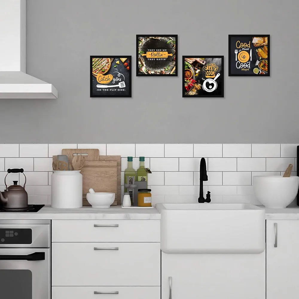 ArtX Kitchen Food Quotes Motivational Funny Wall Art Frames Multicolour Framed Posters Set of 4