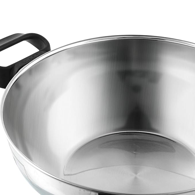 Vinod Stainless Steel Deluxe Kadhai with Glass Lid - 2.8 litre, 24cm | Extra Thick, SAS Bottom | Soft Handle | Kadai for Cooking