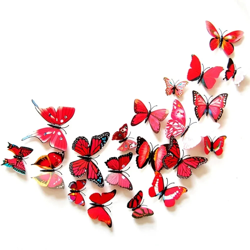 Xtore Plastic Home Decor 3D Butterfly with Sticking pad Set of 12 Shimmer Ferrari Red