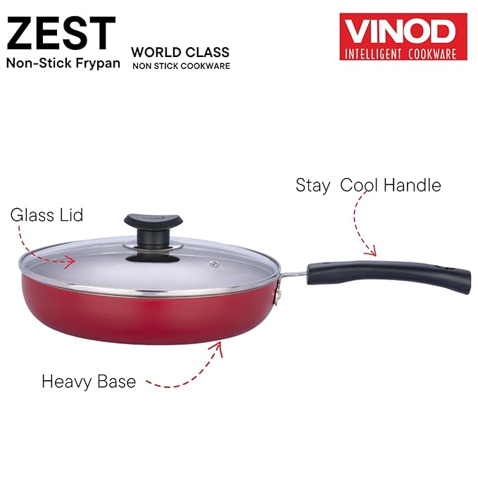 Vinod Zest Inducto Aluminium Non Stick Deep Frypan with Glass Lid - 22 cm | 3mm Thick | 3 Layer Coating
