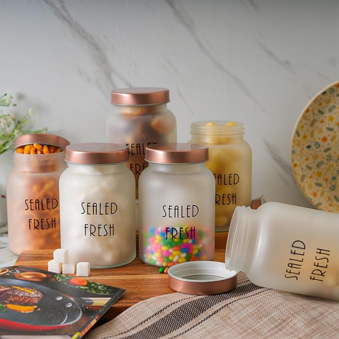 Femora Kitchen Storage Jars Frosted Glass Jar With Steel Lid Air Tight Jar | 1000 Ml | Pack of 4 | Golden Lid