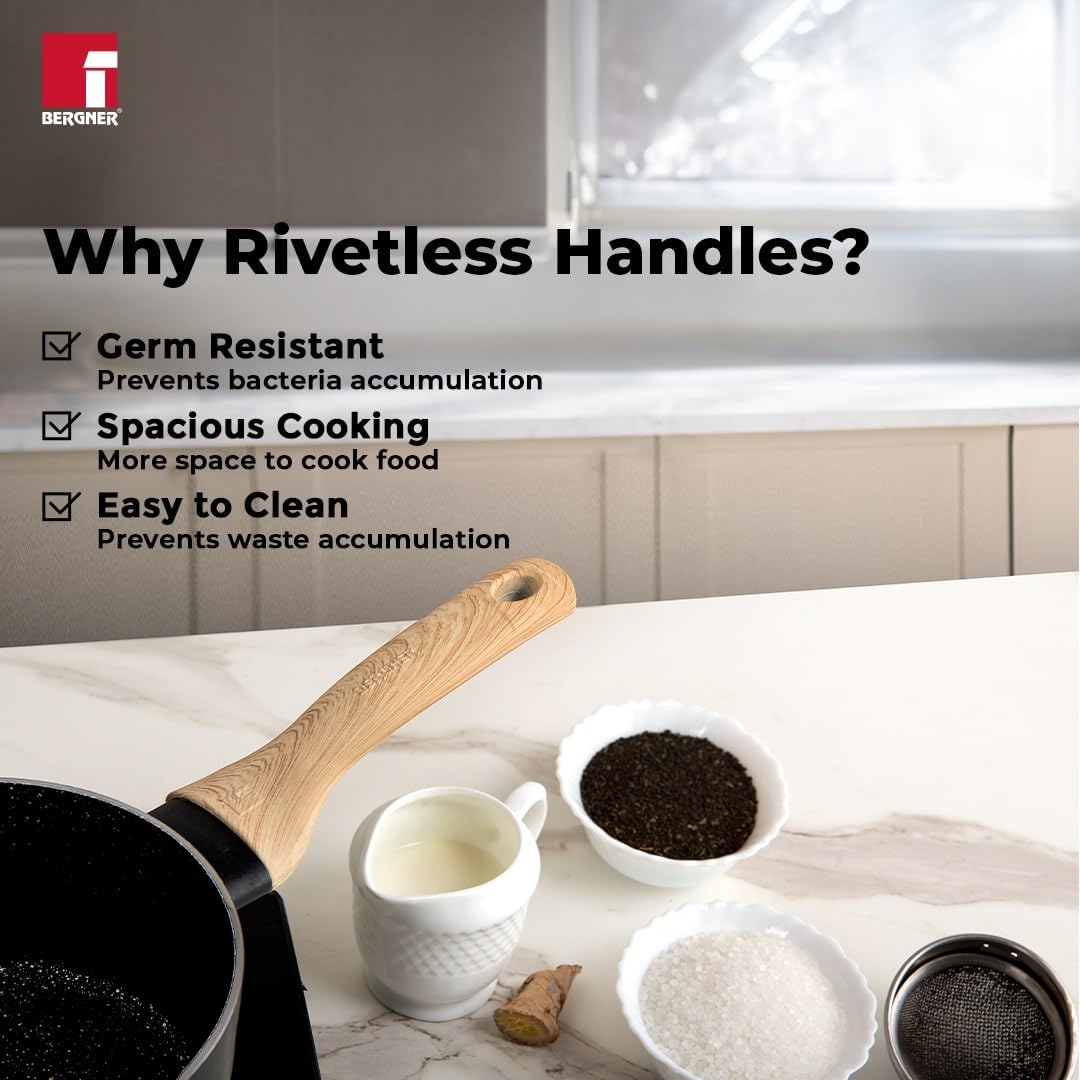 Bergner Bellini Plus Aura 5-layer Non-stick 16 Cm Saucepan, 1.8 Litres Sauce Pan With Soft Touch Wooden Finish Handle