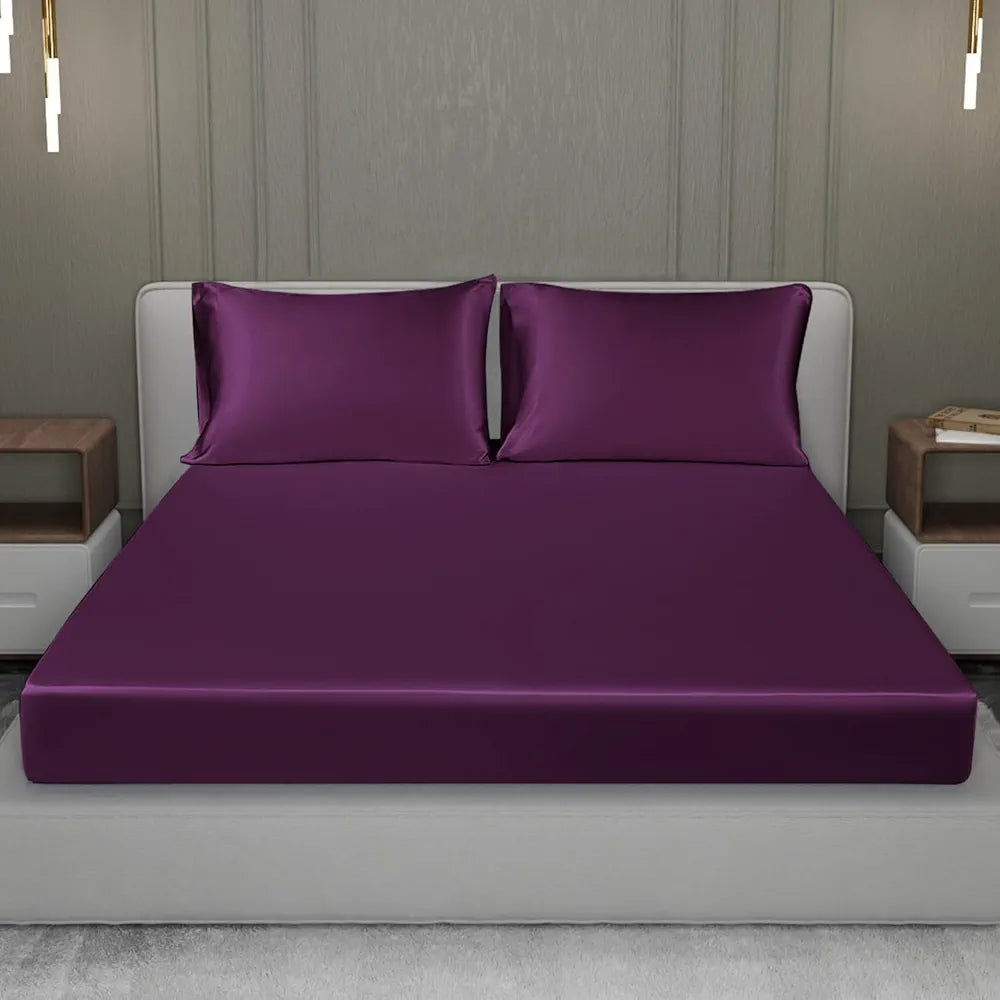 Cloth Fusion Satin Elastic Fitted Bedsheets Double Bed Luxury Queen Size with 2 Pillow Covers Wine