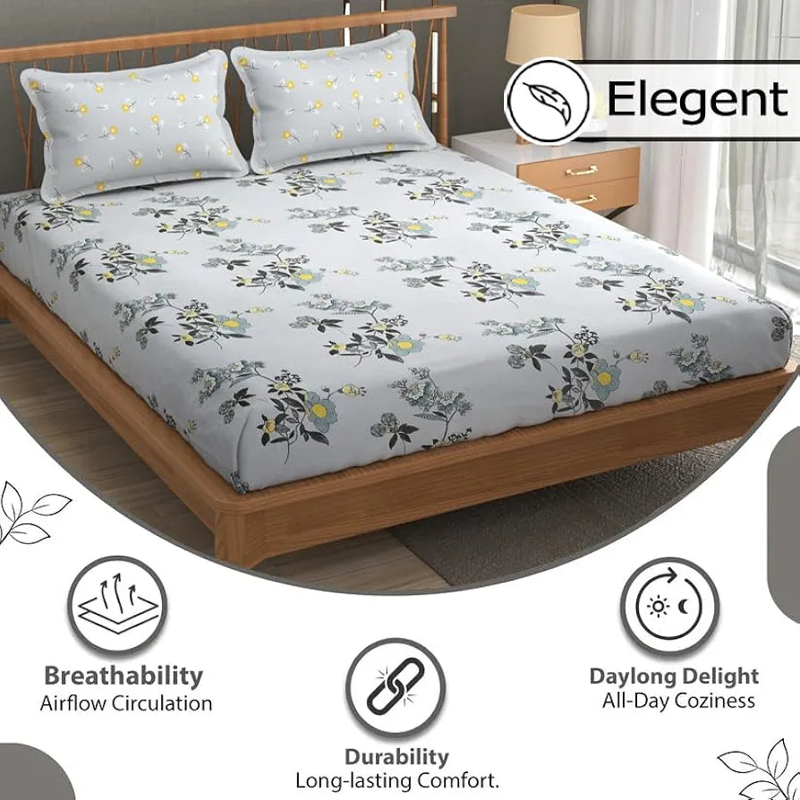 Fresh From Loom Floral XXL King Size Bedsheet for Double Bed 240 TC Hypoallergenic Soft Bed Sheet with 2 Pillow Cover Grey Sunflower