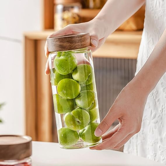 Femora Kitchen Storage Jars Borosilicate Glass With Wooden Lid Air Tight Jar | 750 Ml | Pack of 1 | Transparent