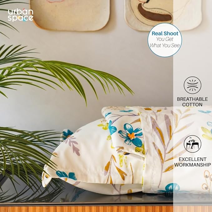 Urban Space Serene Cotton Floral Bedsheet For Double Bed 2 Pillow Covers (Colour France Blue)