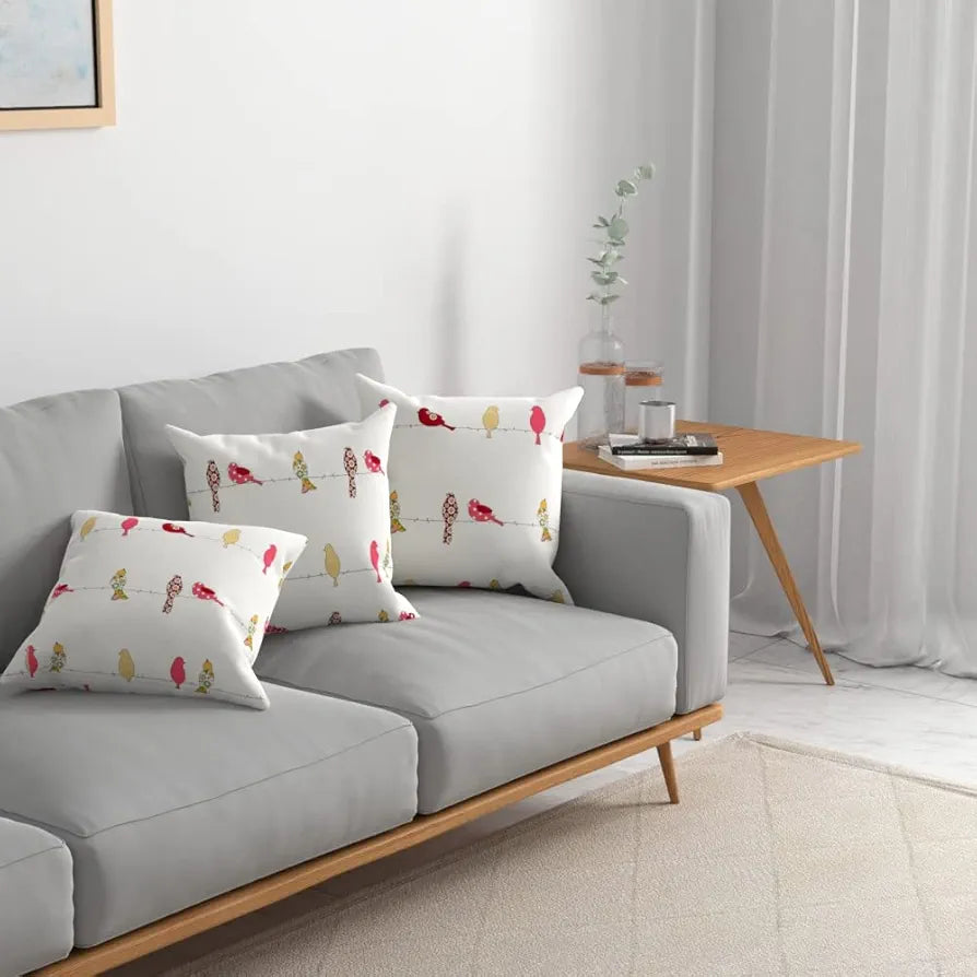 Urban Space Decorative Cotton Cushion Cover Set of 3 inch Cushion Covers for Sofa, Bedroom, Living Room Humming Bird Red
