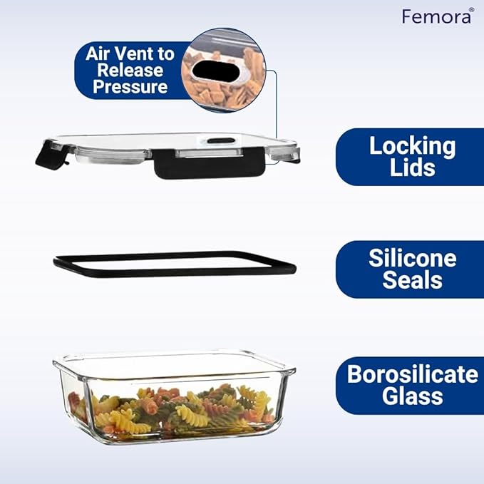 Femora Borosilicate Rectangle Microwave Oven Safe Glass Container With Dectahable & Break Free Lid | Black Color | 400 Ml