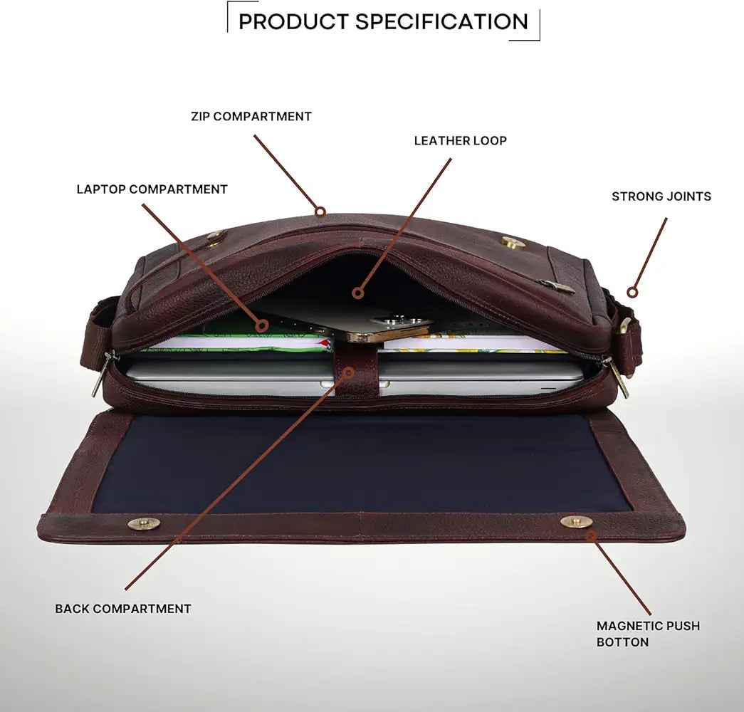 WildHorn Leather Messenger Bag for Men/Office Bag for Men I Padded Laptop Compartment with Adjustable Strap I DIMENSION : L-15 inch W-3 inch H-12 inch