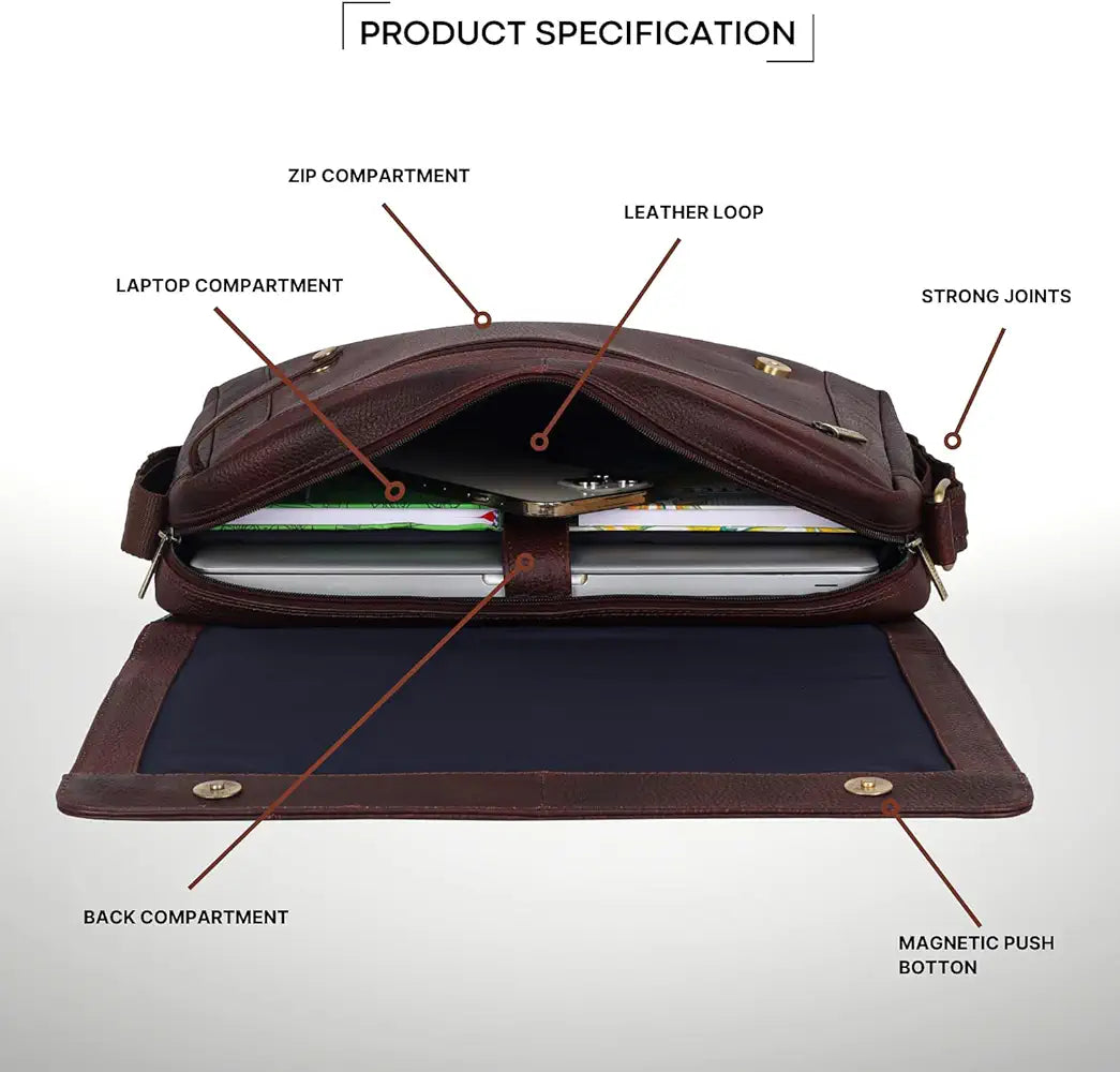 WildHorn Leather Messenger Bag for Men/Office Bag for Men I Padded Laptop Compartment with Adjustable Strap I DIMENSION : L-15 inch W-3 inch H-12 inch