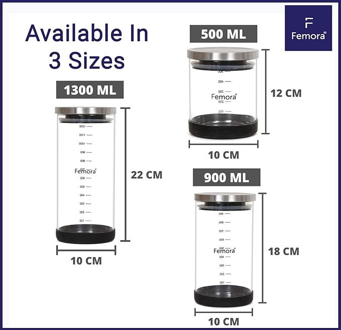 Femora Storage Jars Borosilicate Glass With Silicon Bottom Air Tight Jar With Steel Lid | 1300 Ml | Pack of 2