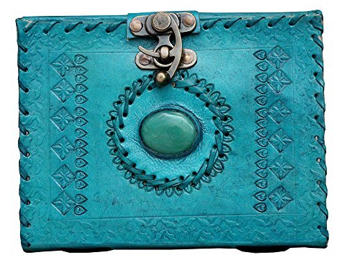 Craftshades – Metal Lock Single Stone Aqua Blue Embossed Design 7″5 Handcrafted Leather Journal/Diary 200 page | 100% Genuine Leather