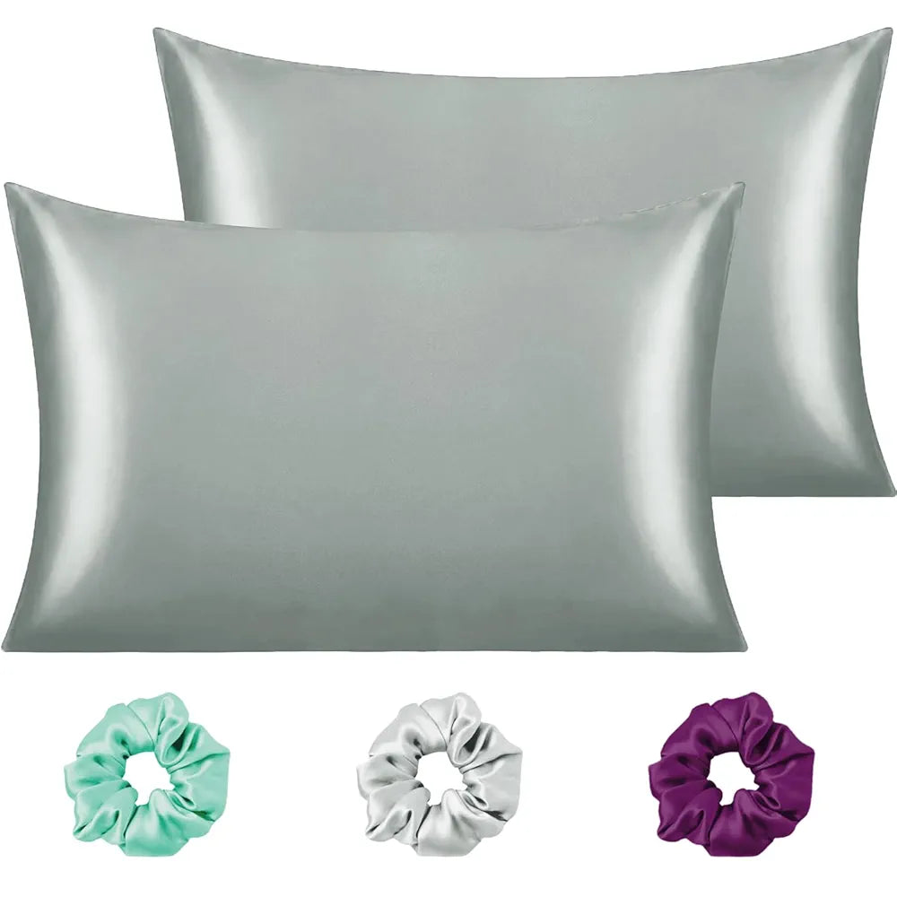 Cloth Fusion Satin Pillow Cover Set of 2 Pillow Case with 3 Satin Soft Scrunchies Silver