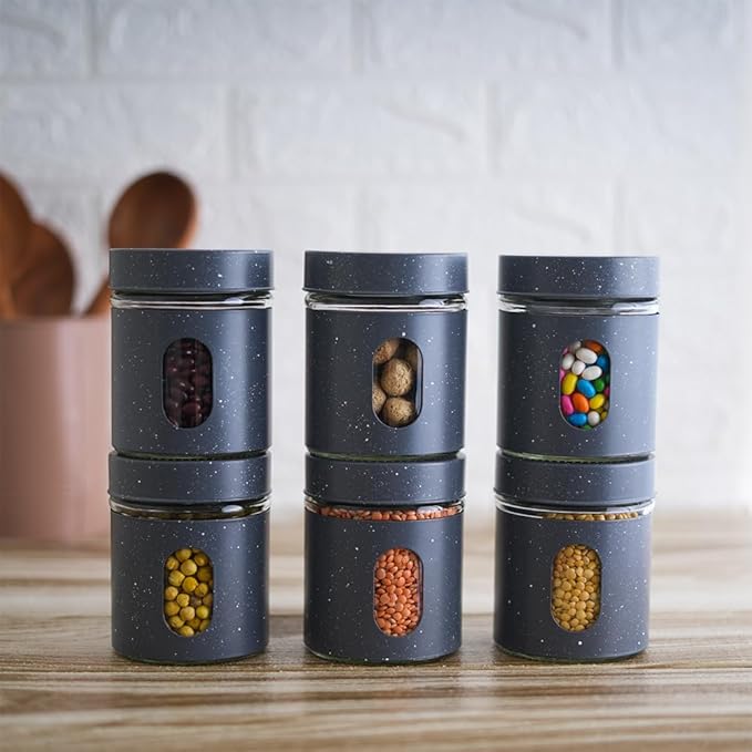 Femora Carbon Steel Jar for Kitchen Storage With Clear Glass Window and Carbon Steel Lid | 300 Ml | 3pc Set | Blue- Green