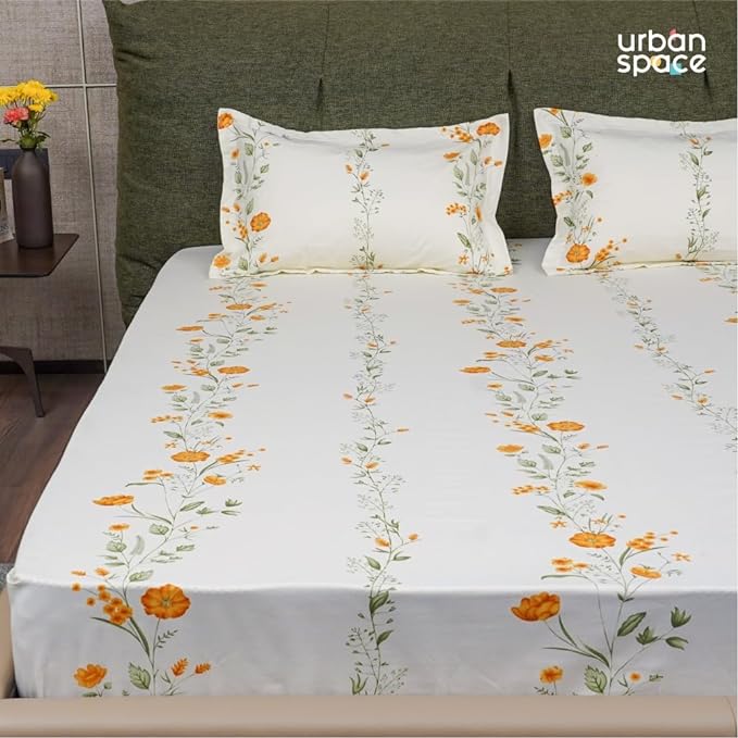 Urban Space Serene Cotton Bedsheet for Double Bed 2 Pillow Covers (Colour Veil Bloom Yellow)