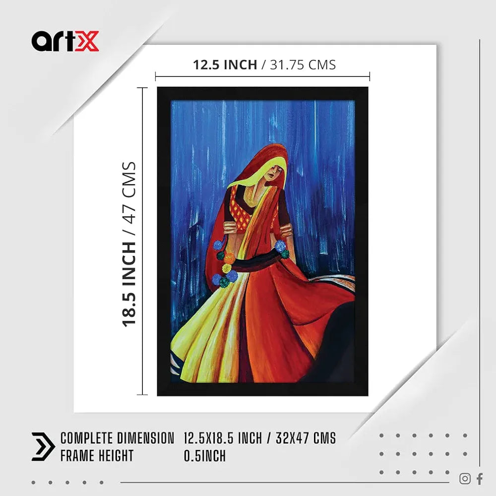 ArtX Paper Acrylic Indian Village Women Framed Wall Art Painting Set of 1