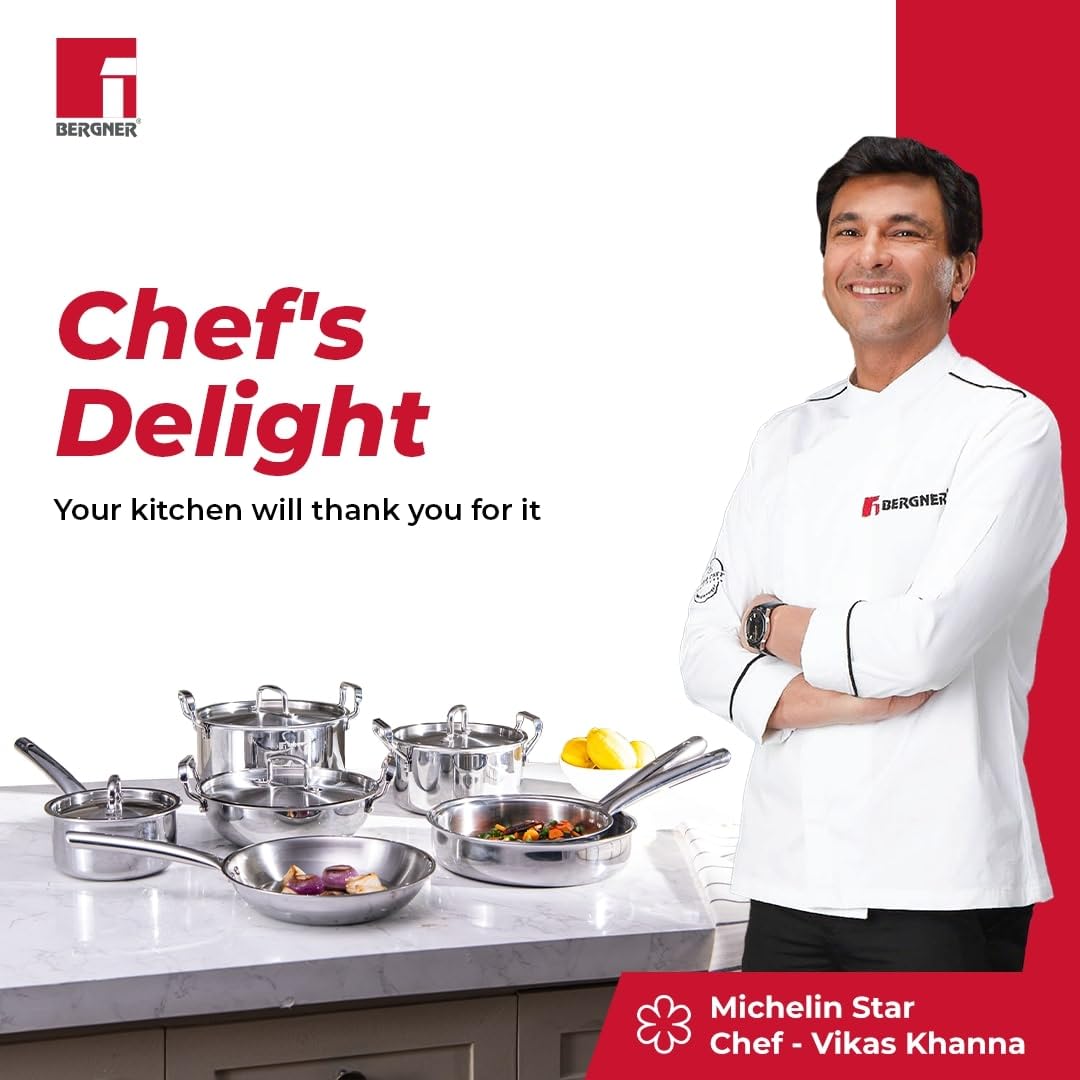 Bergner Tripro Triply 30 Cm Deep Kadai | 6 L Capacity | Stainless Steel Lid | Wide Grip Handles