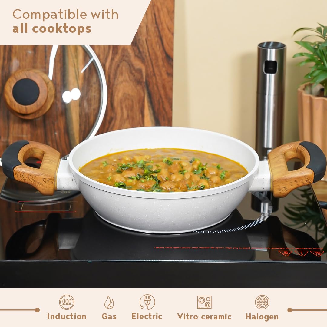 Bergner Naturally Forged Aluminum 24cm Kadai With Glass Lid | 2 Liters Non-stick Kadhai