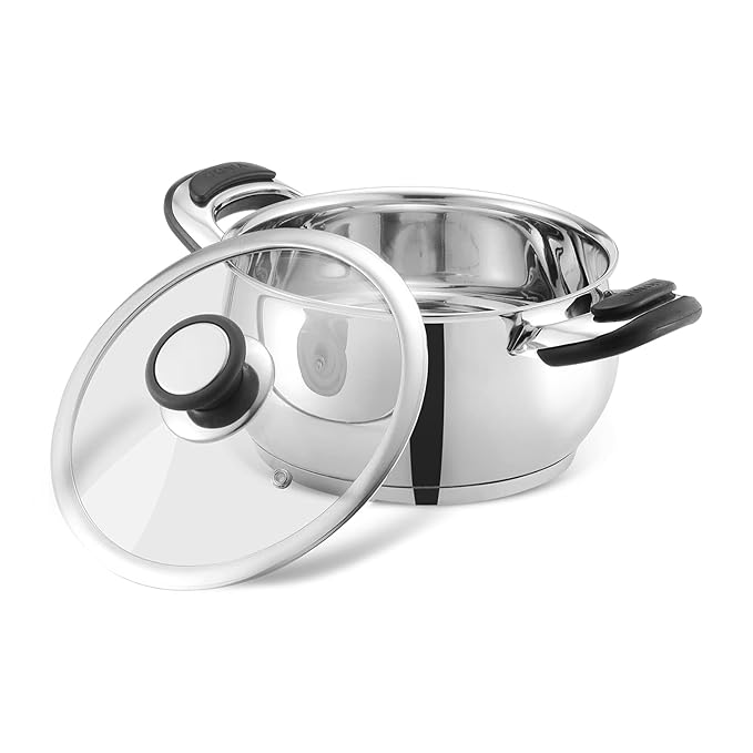 Vinod Durban Stainless Steel Saucepot Handi with Glass Lid - 2.7 Litre, 18 cm | Stylish Durable Handles