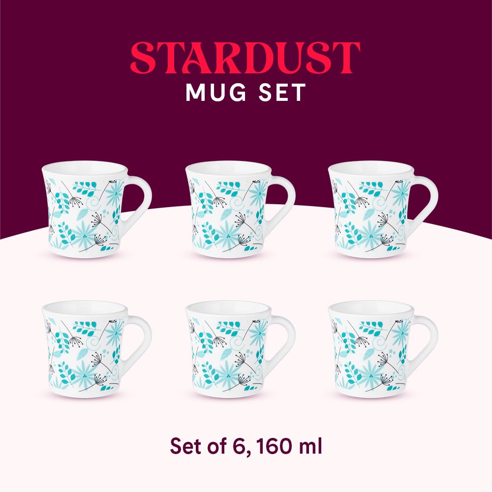 Larah by Borosil Stardust Opalware Mug | Set of 6 Pcs Tea/coffee Mugs | 160 Ml Each