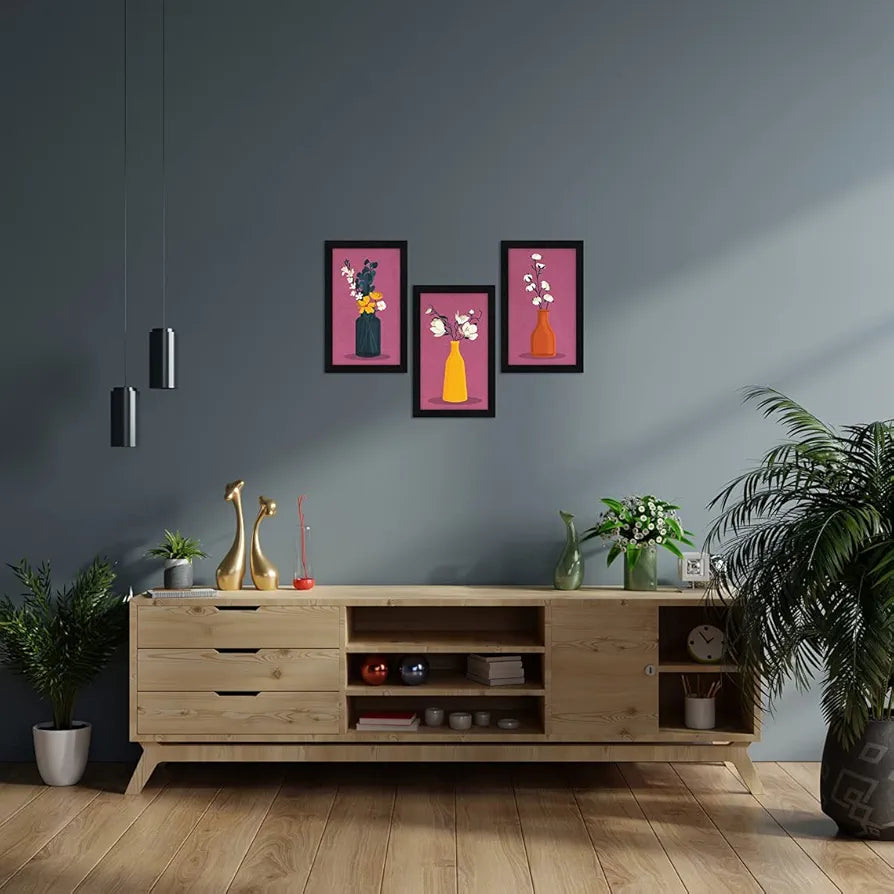 ArtX Paper Floral Vase Wall Art Painting Framed Set of 3