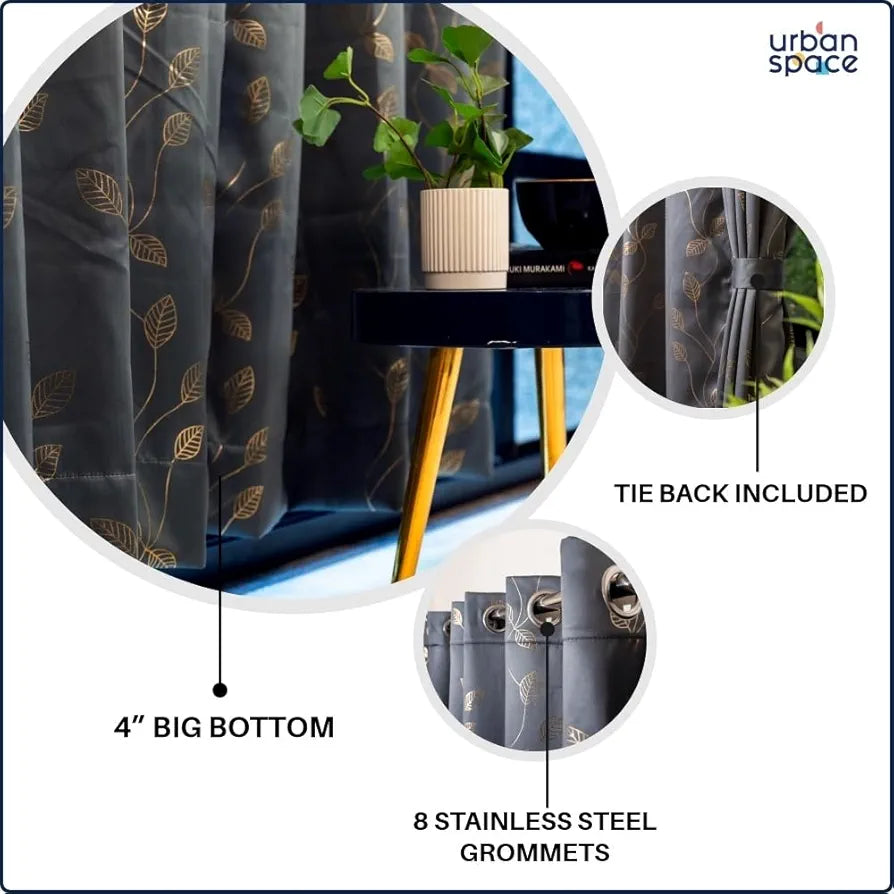 Urban Space Blackout Curtains for Living Room, Gold Foil Printed Luxurious Blackout Decorative Curtains Eyelet with Tieback, 1 Piece, Leaf Grey