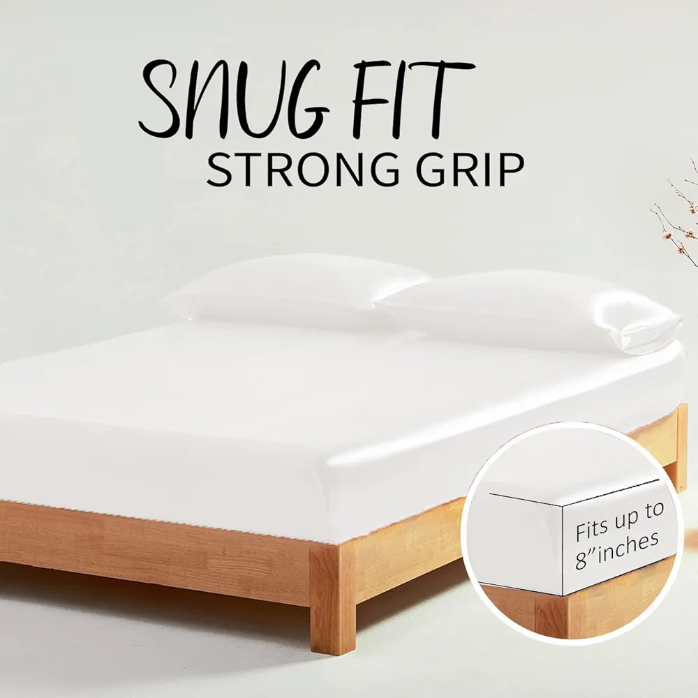 Cloth Fusion Satin Elastic Fitted Bedsheet for Double Bed King Size with 2 Pillow Covers White H603 280 TC