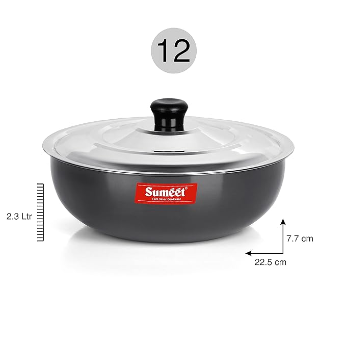 Sumeet 3mm Hard Anodized Deep Tasla with Stainless Steel Lid Size No 12 (22.5 cm 2.3Liter)